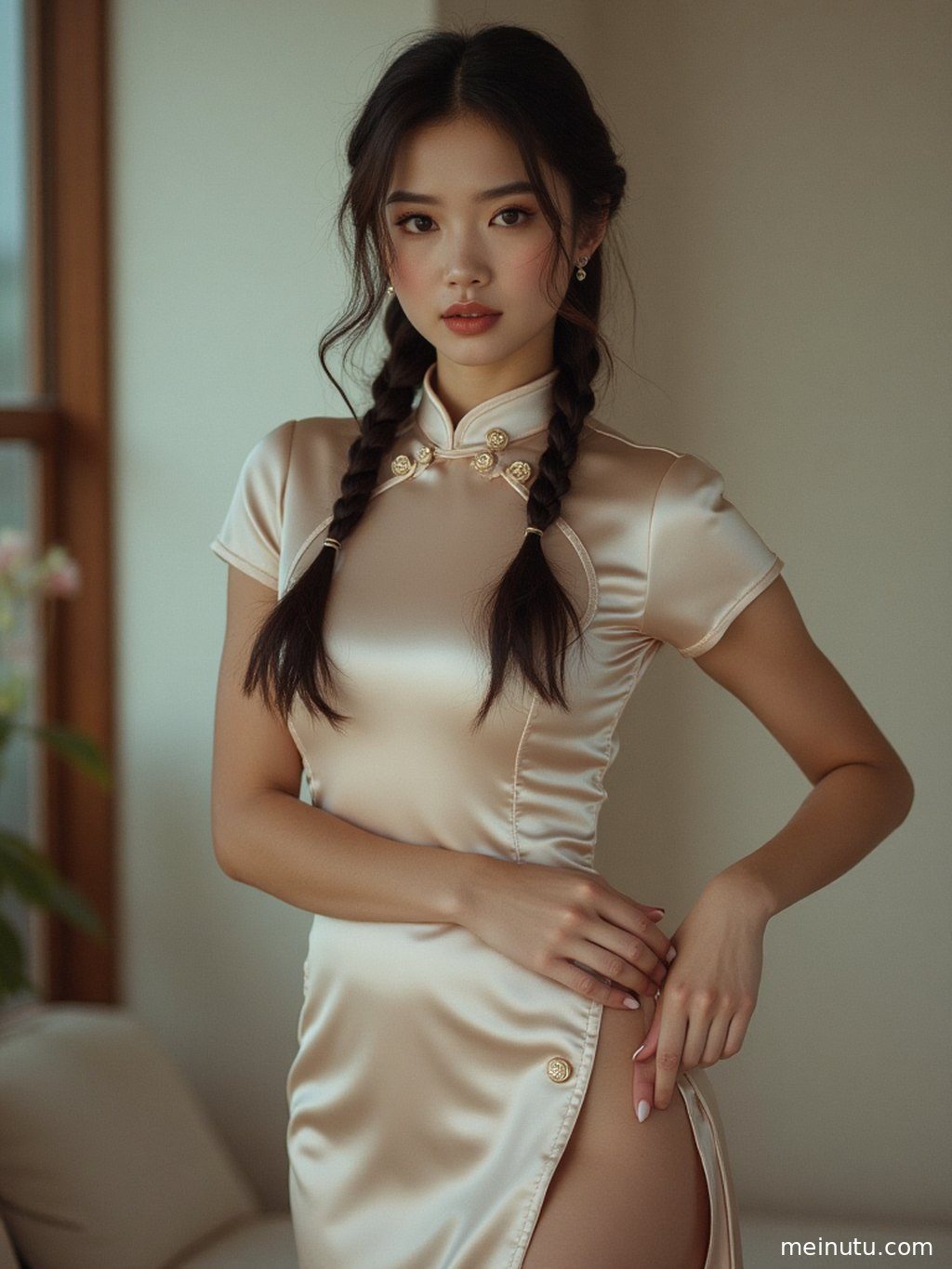 成年女性置身主题场景中，画面强调改良旗袍 室内柔光 柔和逆光 · 高清写真图集的柔和光线与高清画质。